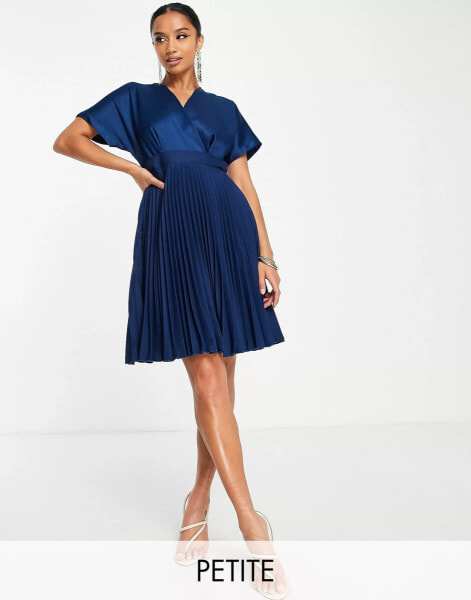 Closet London Petite wrap front pleated mini skater dress in navy