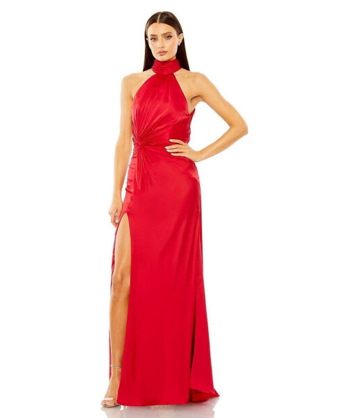 Women's Open Back High Neck Side Ruched Gown