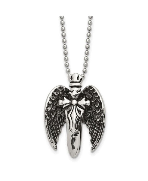 Antiqued Brushed Winged Sword Pendant Ball Chain Necklace