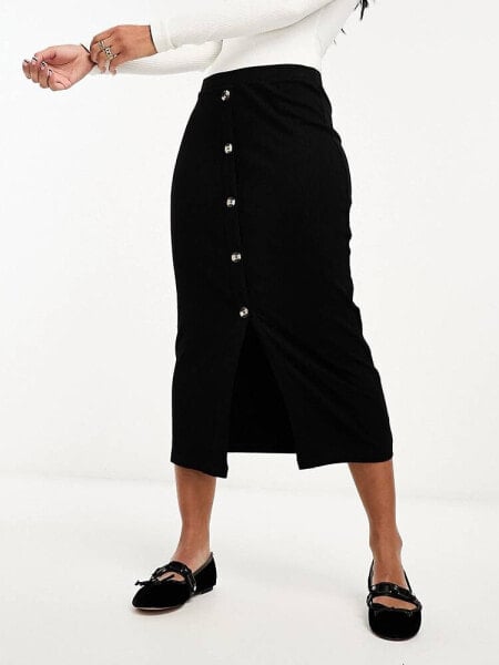 ASOS DESIGN ribbed midi skirt with horn buttons in black