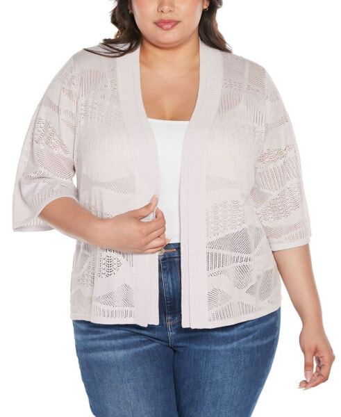 Black Label Plus Size Metallic Pointelle Stitch Cardigan Sweater