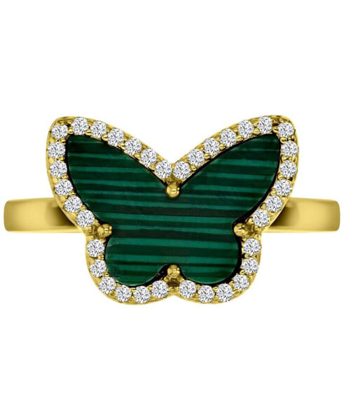 Malachite & Cubic Zirconia Butterfly Halo Ring in 14k Gold-Plated Sterling Silver