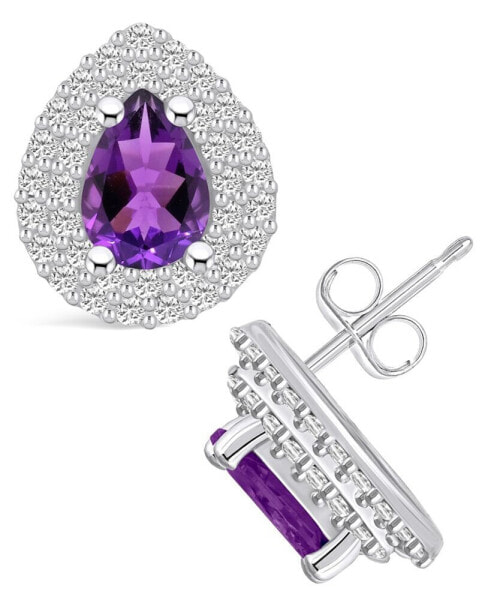 Amethyst (1-1/3 ct. t.w.) and Diamond (5/8 ct. t.w.) Halo Stud Earrings in 14K White Gold