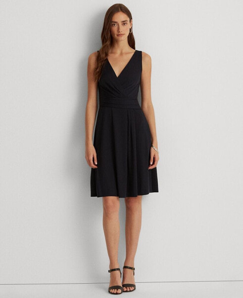 Women's Sleeveless Front-Pleated Surplice Jersey Dress