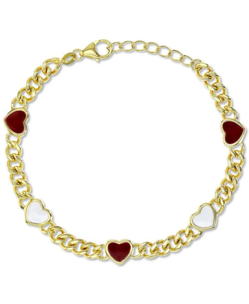 Red & White Enamel Heart Large Link Chain Bracelet in 14k Gold-Plated Sterling Silver