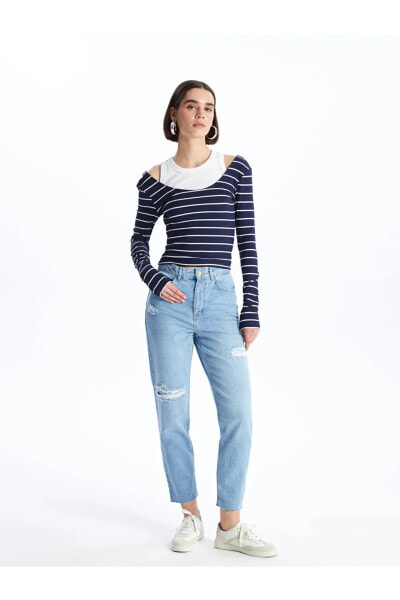 Jeans Mom Fit Yırtık Detaylı Kadın Jean Pantolon Pantolon