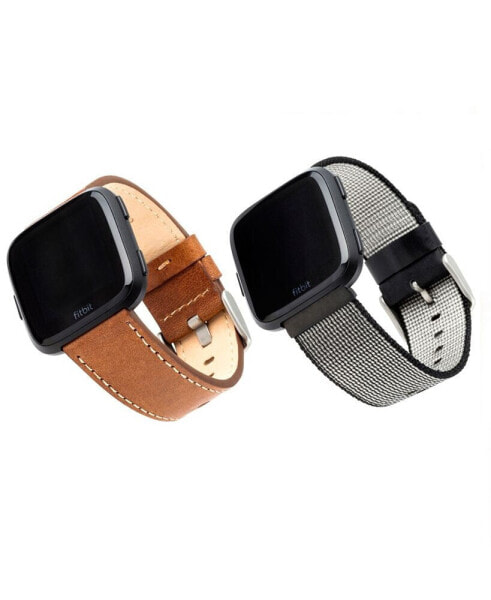 Brown Premium Leather Band with White Stitching and Black Premium Woven Nylon Band Set, 2 Piece Compatible with the Fitbit Versa and Fitbit Versa 2