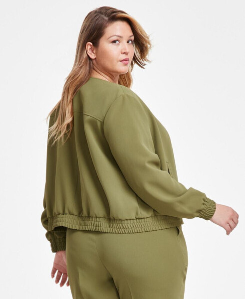 Plus Size Twill Collarless Snap-Front Bomber Jacket