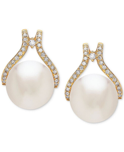 Cultured White Ming Pearl (12mm) & Diamond (1/3 ct. t.w.) Stud Earrings in 14k Gold