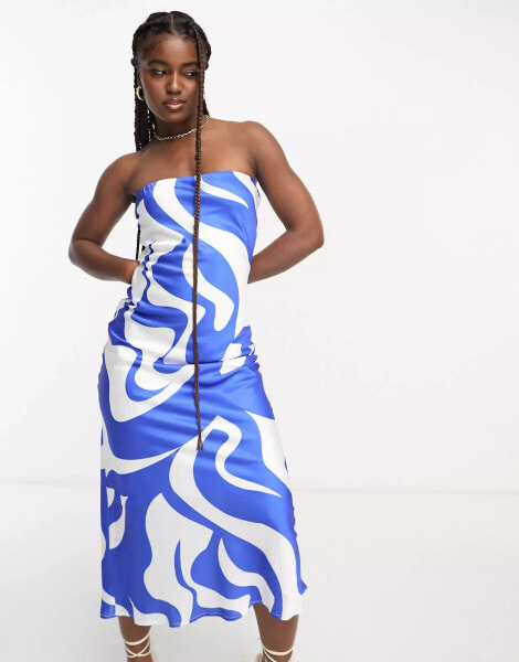 SNDYS bandeau satin midi dress in blue swirl print