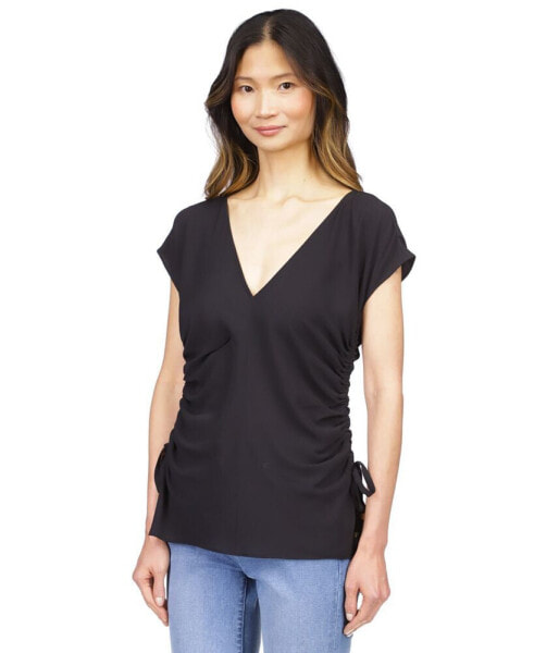 Women's Solid Ruched V-Neck Top