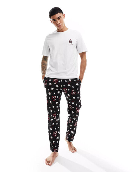 Jack & Jones Christmas loungewear set in white & black