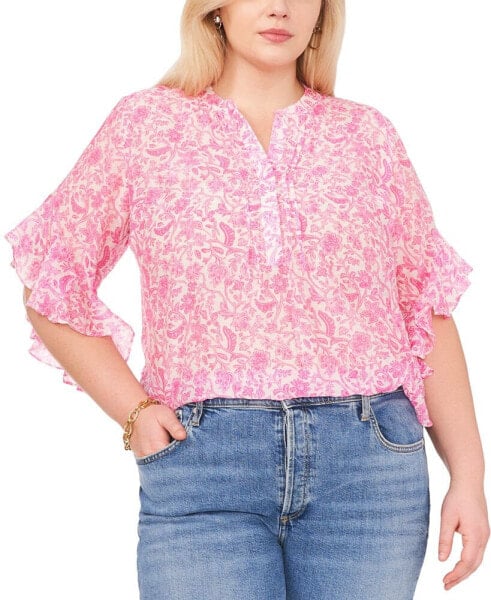 Plus Size Printed Pintuck Flutter 3/4-Sleeve Henley Blouse