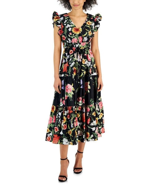 Women's Cotton Floral-Print Tie-Waist Midi Dress
