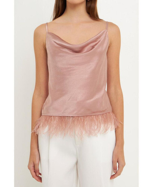 Women's Satin Cowl Neck Top with Feather