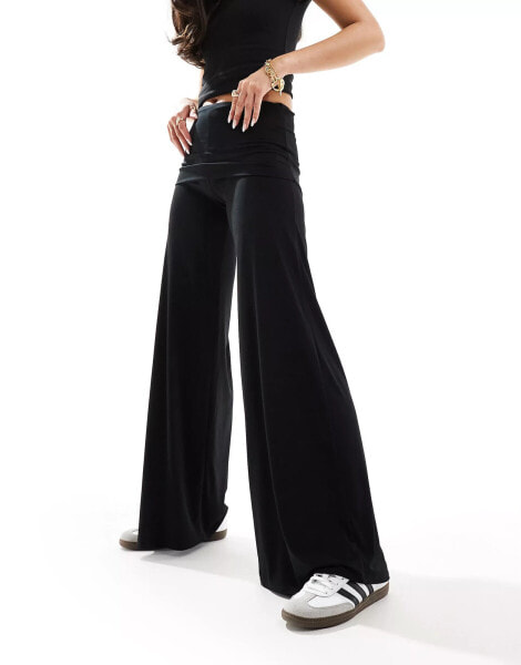 Stradivarius folder over waist flare trouser in black