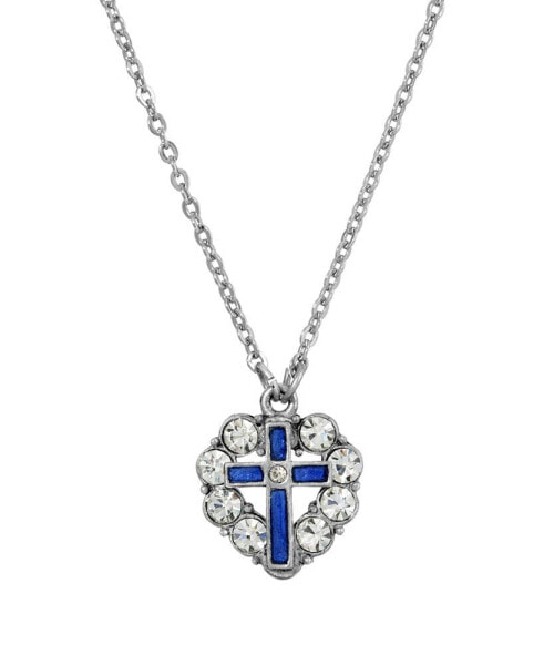 Pewter Blue Enamel Cross Crystal Heart Necklace