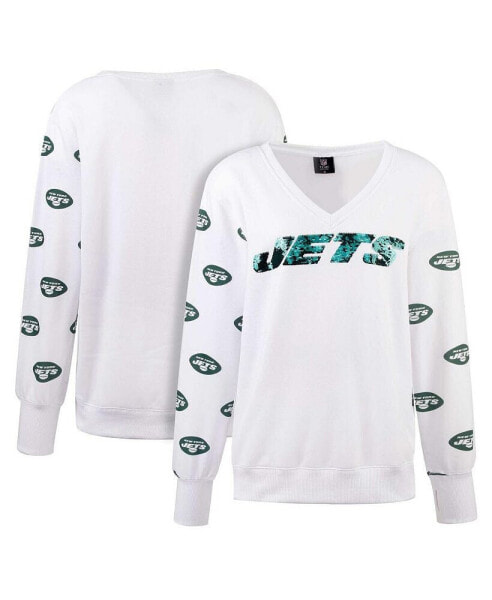 Women's White New York Jets Sequin Fleece V-Neck T-Shirt