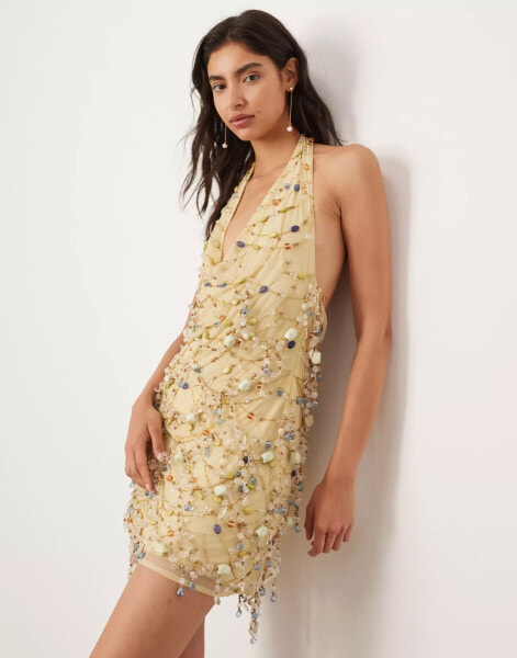 ASOS EDITION embellished stone halterneck mini dress in multi