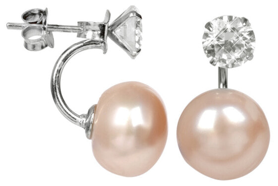 Silver earrings with real salmon pearl and crystal 2in1 JL0216