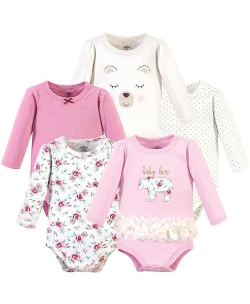 Baby Girls Treasure Baby Cotton Long-Sleeve Bodysuits 5pk, Floral Baby Bear