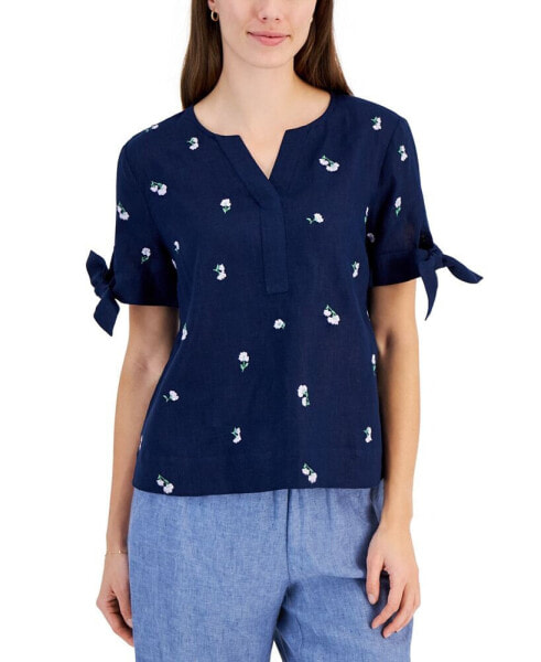 Women's London 100% Linen Floral-Embroidered Top, Created for Macy's