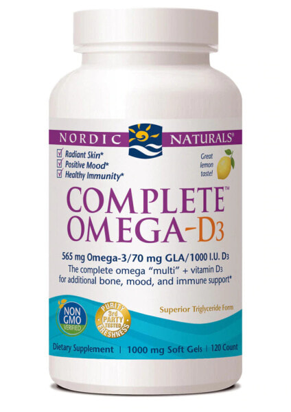 Nordic Naturals Complete Omega D3 Lemon  Омега-3 из рыбьего жира+витамин D3  для когнитивной, иммунной и дополнительной поддержки костей 1000 мг 120 гелевых капсул