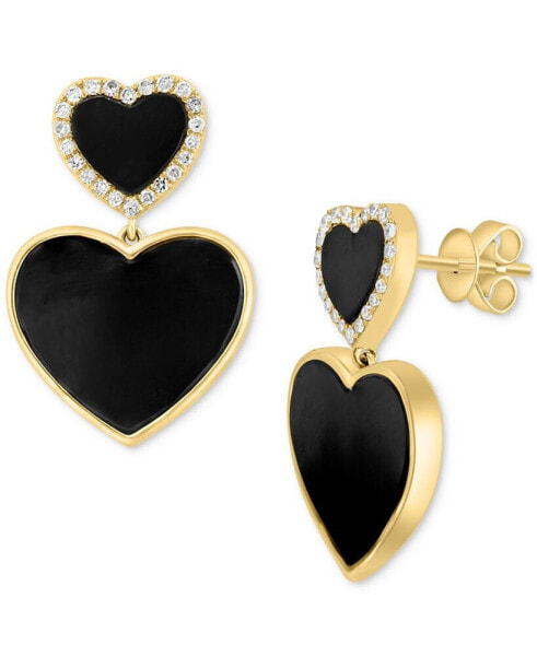 EFFY® Onyx & Diamond (1/5 ct. t.w.) Double Heart Halo Drop Earrings in 14k Gold