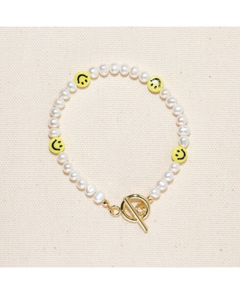 18K Gold Plated Freshwater Pearls with Smiley Face - HaHa Bracelet 8" For Women and Girls