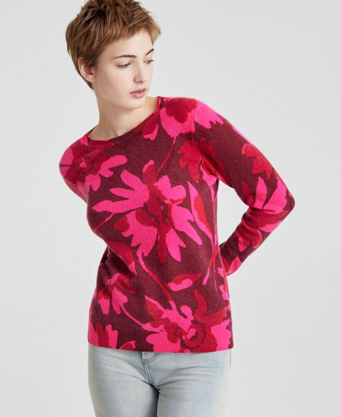 Women's 100% Cashmere Floral-Print Long-Sleeve Sweater, Created for Macy's