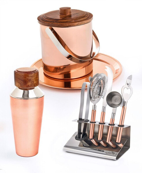 Signature Collection by Copper 9 Piece Stainless Bar Set Crafted From High Quality Stainless with Acacia Wood Accents