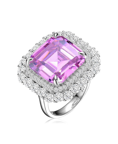 Sterling Silver White Gold Plated Pink Ascher Cubic Zirconia with Clear Round Cubic Zirconia's Double Halo Cocktail Ring