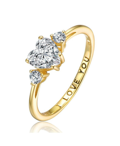 Sterling Silver with 18K Rose Gold Plated Heart and Round Clear Cubic Zirconias Three-Stone "I Love You" Ring