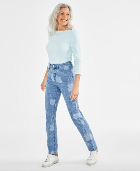 Petite Tulip Printed High Rise Natural Straight Jeans, Created for Macy's