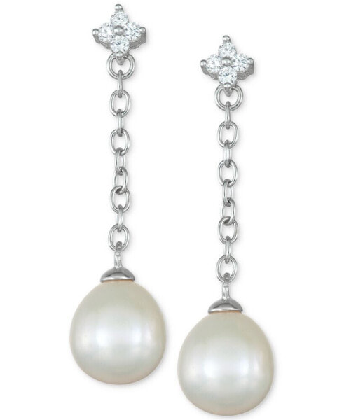 Cultured Freshwater Pearl (8mm) & Cubic Zirconia Flower Chain Earrings in Sterling Silver