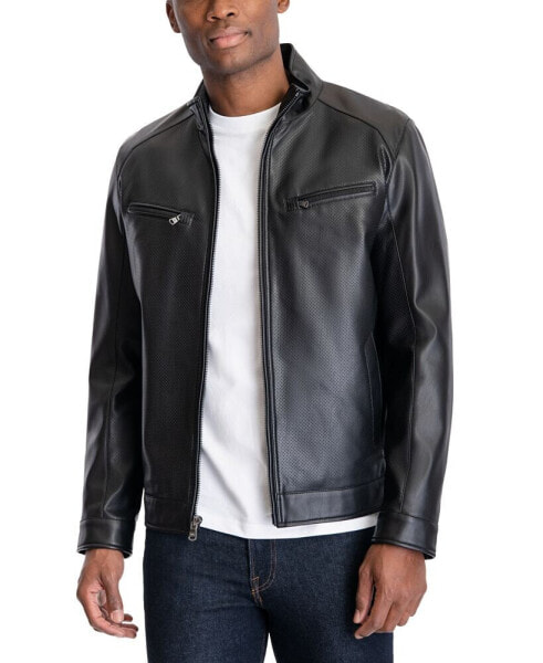 Men's Perforated Faux Leather Moto Jacket, Created for Macy's