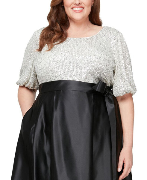 Plus Size Boat-Neck Elbow-Sleeve Sequin Top