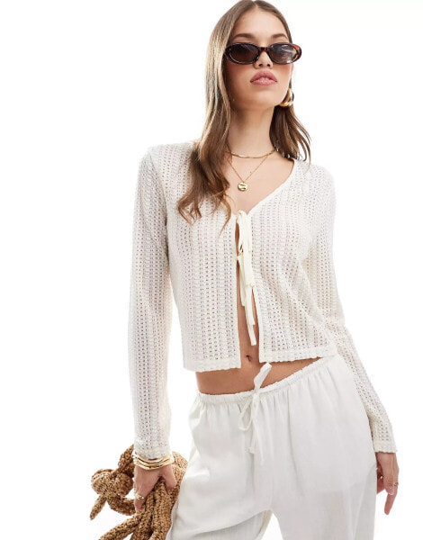 Brave Soul tie front knitted long sleeve top in cream