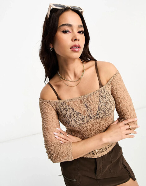 Pull&Bear bardot lace top in pale pink