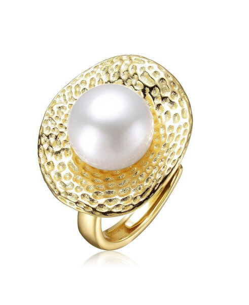 Sterling Silver 14k Gold Plated with Genuine Freshwater Pearl Hammered Ring