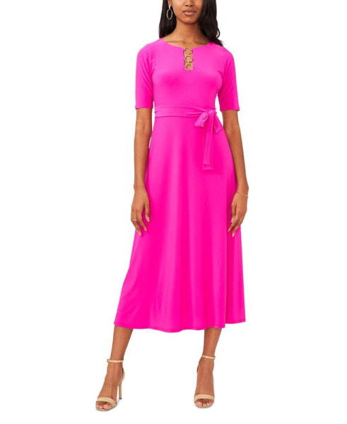 Women's Three-Ring Keyhole-Neck Belted Midi Dress