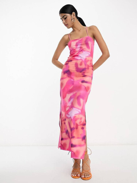 Vila cami midaxi dress in pink abstract print