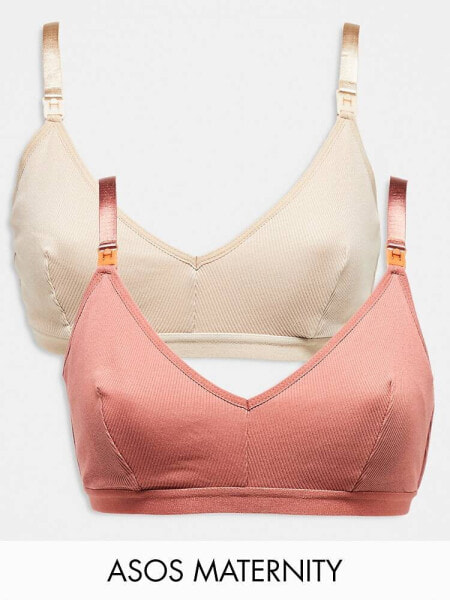 ASOS DESIGN Maternity 2 pack cotton ribbed bra in beige & rust