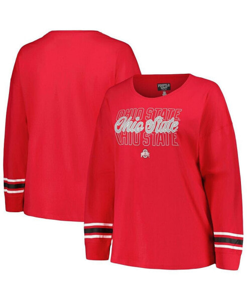 Women's Scarlet Ohio State Buckeyes Plus Size Triple Script Scoop Neck Long Sleeve T-shirt