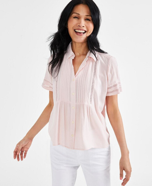 Women's Pintuck Short-Sleeve Button-Front Shirt, Created for Macy's