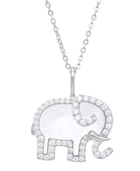 Mother of Pearl Cubic Zirconia Elephant Pendant 18" Necklace in Silver Plate