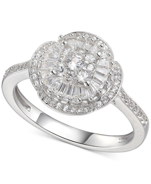 Cubic Zirconia Baguette Cluster Halo Ring in Sterling Silver