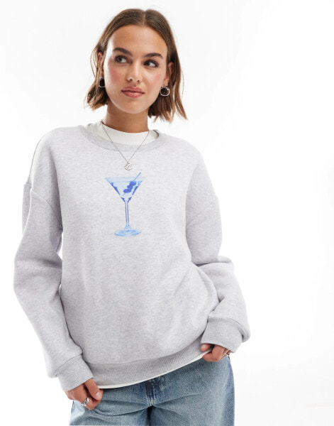 ASOS DESIGN oversized sweatshirt with drink graphic in grey marl