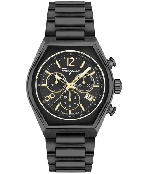 Salvatore Men's Swiss Chronograph Tonneau Black Ion Plated Stainless Steel Bracelet Watch 42mm