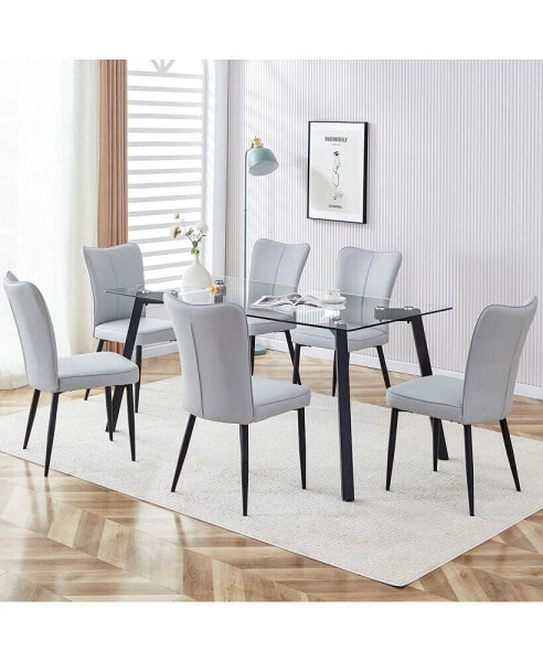 Glass Dining Table with 6 Light Grey Chairs